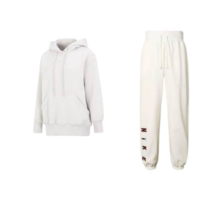 Nike Nike Solid Color Hooded Sherpa Long Sleeved Top Fleece Lined Casual Knitted Fabric Sports Pants Sweatshirt Set Women's
