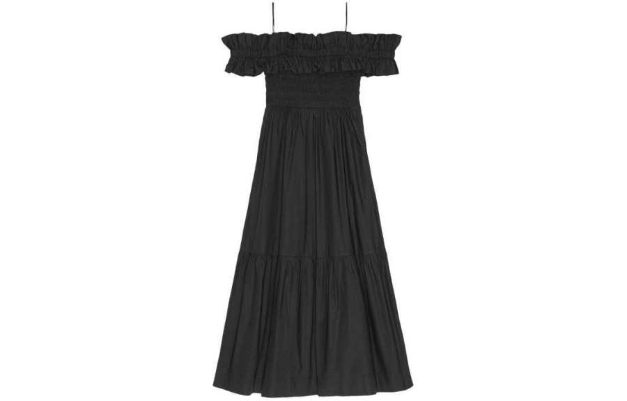 GANNI Off Shoulder Poplin Long Smock Dress