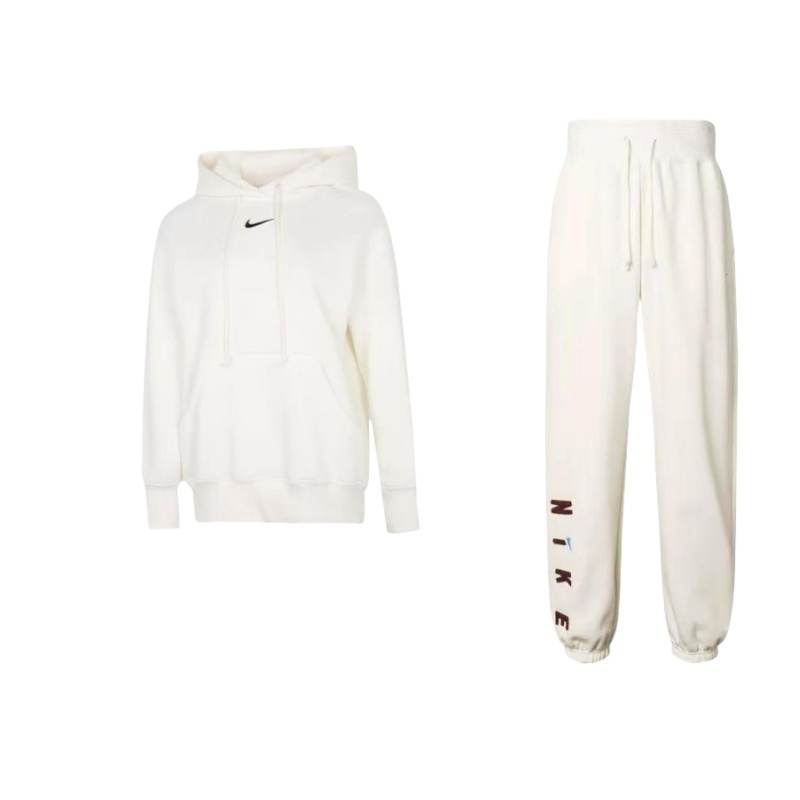 Nike Nike Brand Logo Hooded Pullover Top Fleece Lined Knitted Fabric Pants Sweatshirt Set Women's White