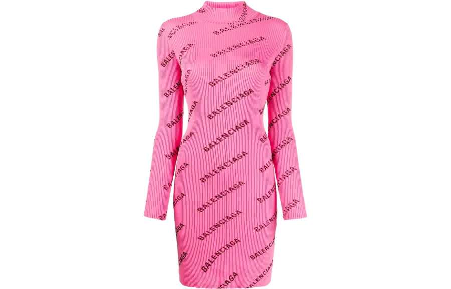 Balenciaga Printed Ribbed Knit Dress Pink