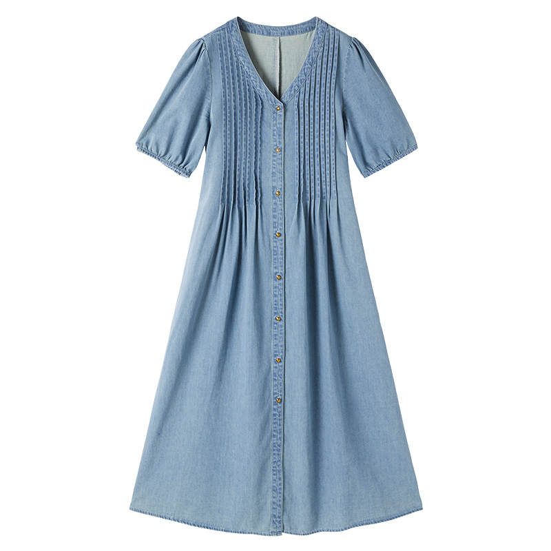 XIANGYING Short Sleeved Dress Women's Denim Blue