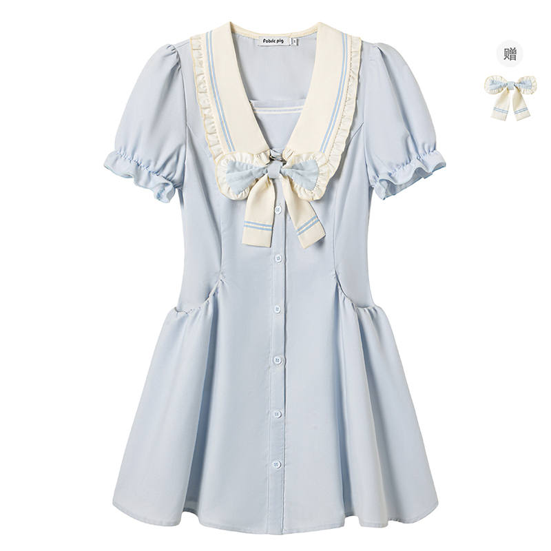 Fabric Pig Short Sleeved Dress Women's Light Blue