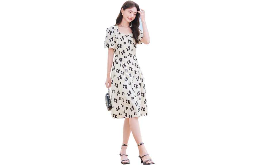 XIANGYING Short Sleeved Dress Women's Beige