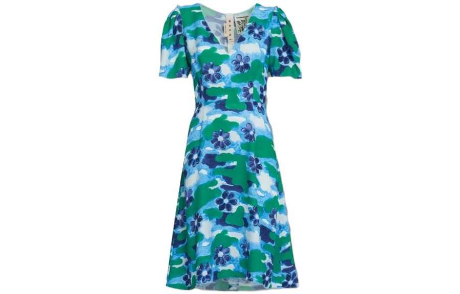 MARNI Short Sleeved Dresses Women's Blue V Neck Moderate Mid Length