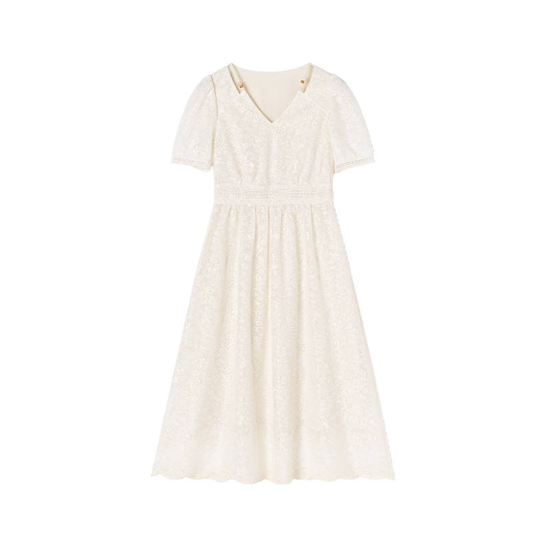 XIANGYING Short Sleeved Dress Women's Ecru