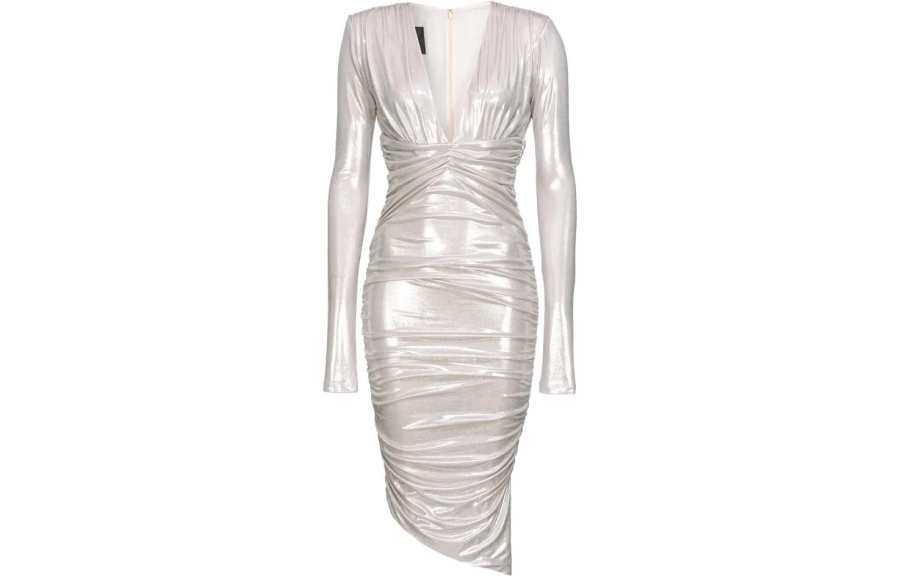 PINKO Asymmetric-Hem Gathered Metallic Midi Dress