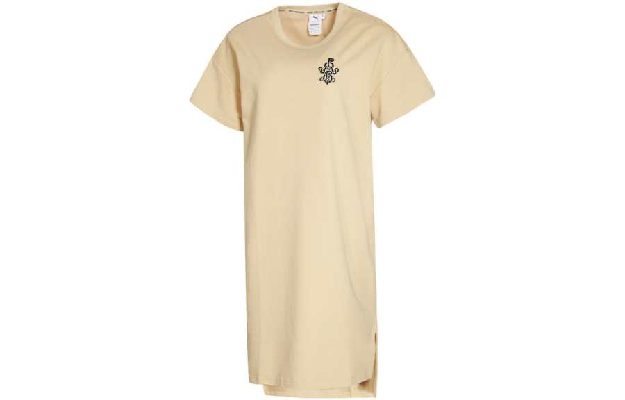 PUMA Short Sleeved Dresses Women's Khaki Crew Neck Moderate Mid Length