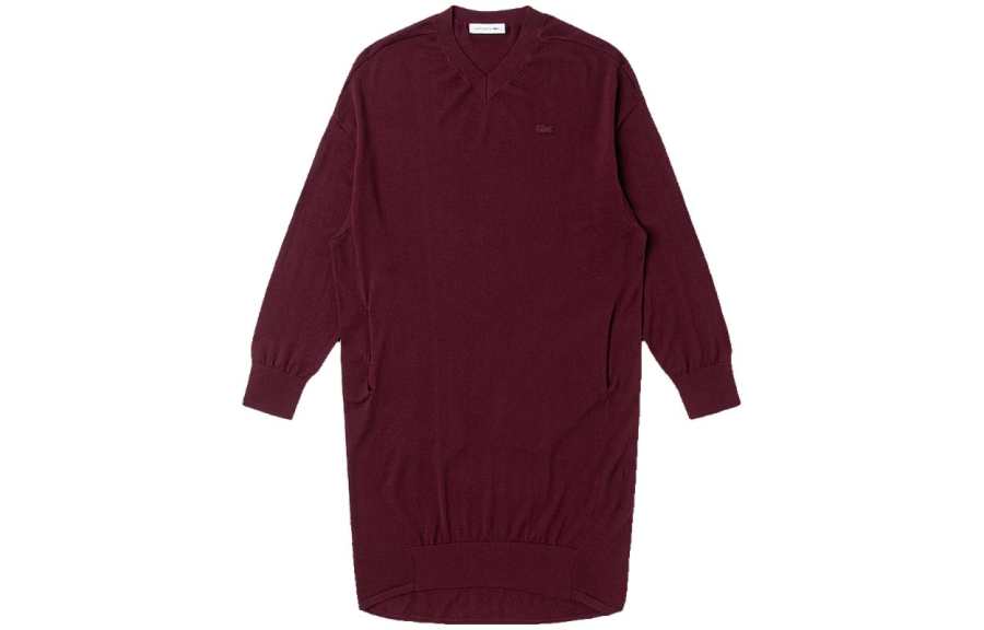 LACOSTE Long Sleeved Dresses Women's Burgundy V Neck Moderate Mid Length