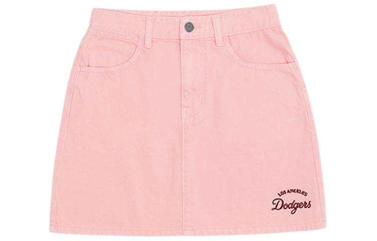 MLB Los Angeles Dodgers Denim Short Skirts Women's Peach Pink Moderate Short Bodycon Skirt