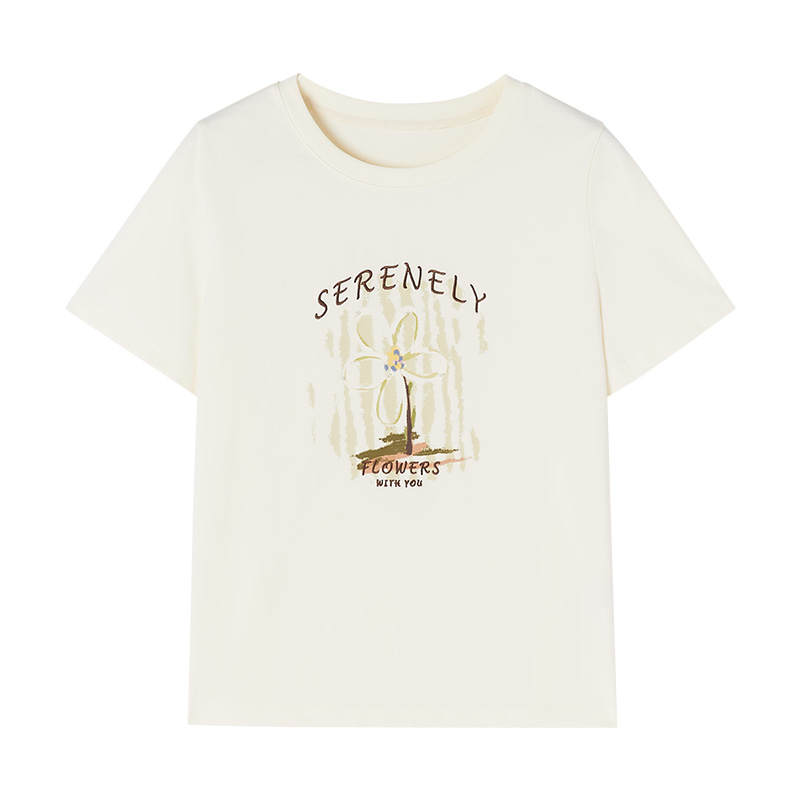 XIANGYING T Shirts Women's Ecru Crew Neck Moderate Straight Fit
