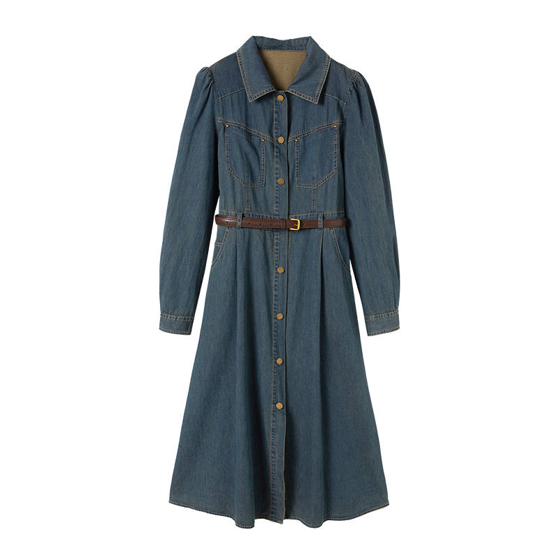 XIANGYING Long Sleeved Dress Women's Denim Blue