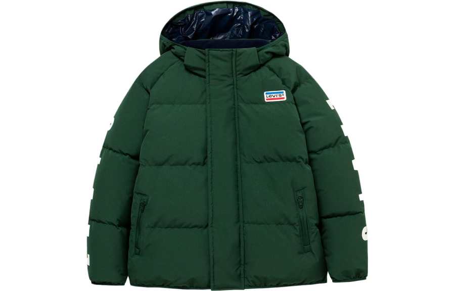 Levis Down Jacket Hooded Letter Print Thickened And Fleece Lined Casual Long Sleeved Platane Green Kids'