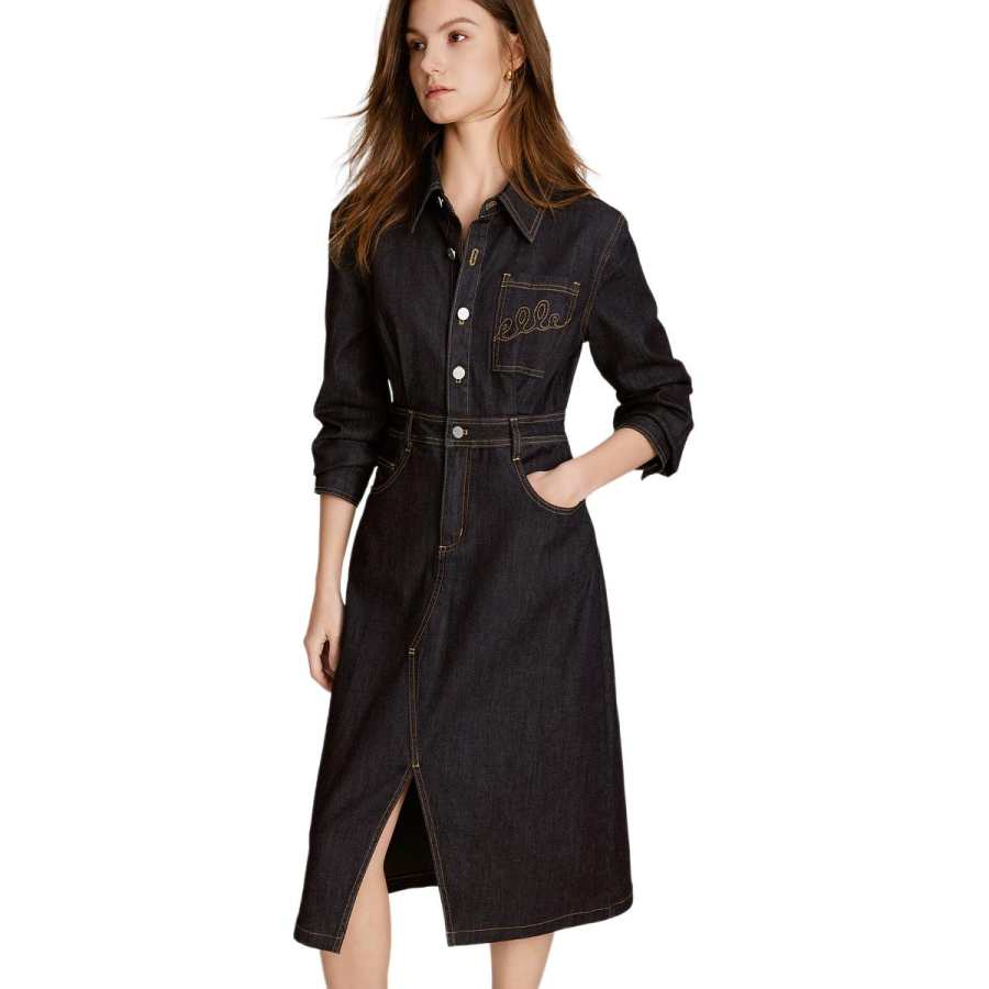 ELLE Long Sleeved Dress Fall Women's Denim Blue