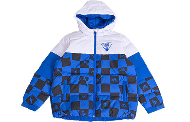 Adidas Adidas Letter Logo Print Plaid Multicolor Fleece Lined Thermal Windproof Athleisure Hooded Down Jacket Teenagers