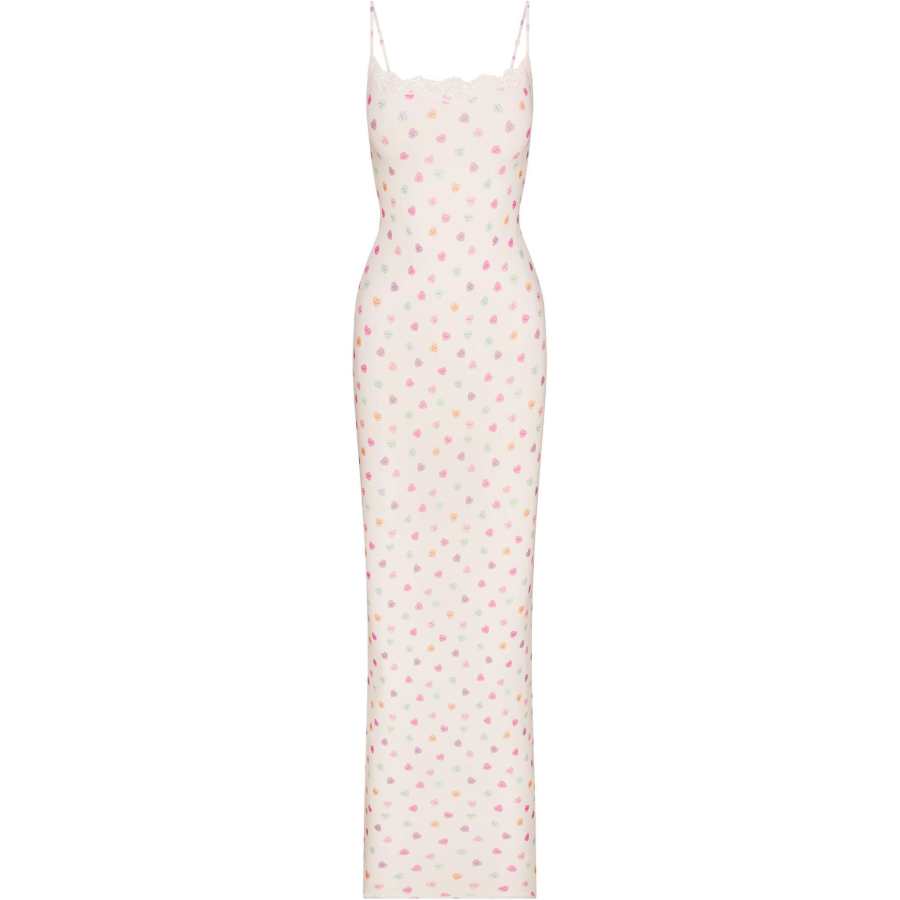 Skims Valentine's Day Collection Slip Dresses Women's Marble Candy Heart Print/Marble Candy Heart Print Crew Neck Moderate Long