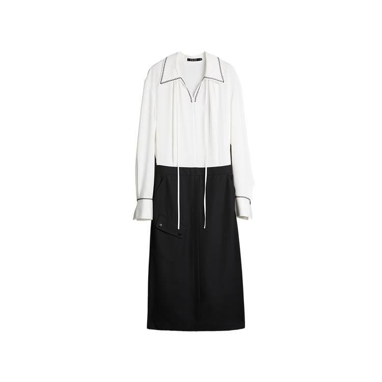 ELLE Long Sleeved Dresses Women's Black White V Neck Moderate Mid Length