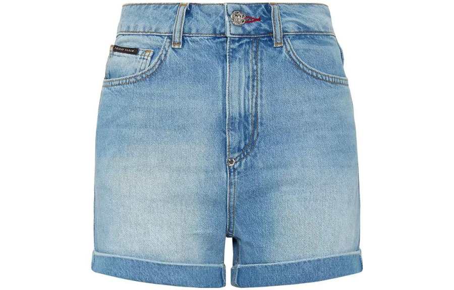 PHILIPP PLEIN Denim Shorts Women's Light Blue Moderate Straight Fit Pants