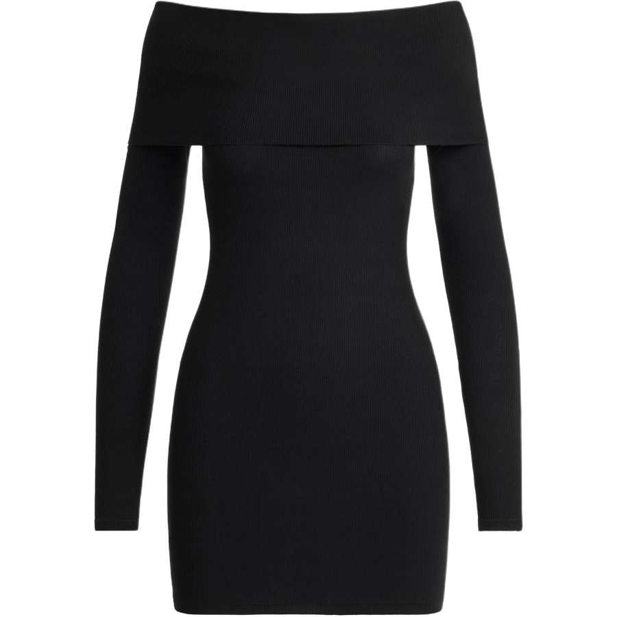 Skims SS25 SOFT LOUNGE Off THE SHOULDER MINI DRESS Long Sleeved Dress Women's ONYX/Onyx