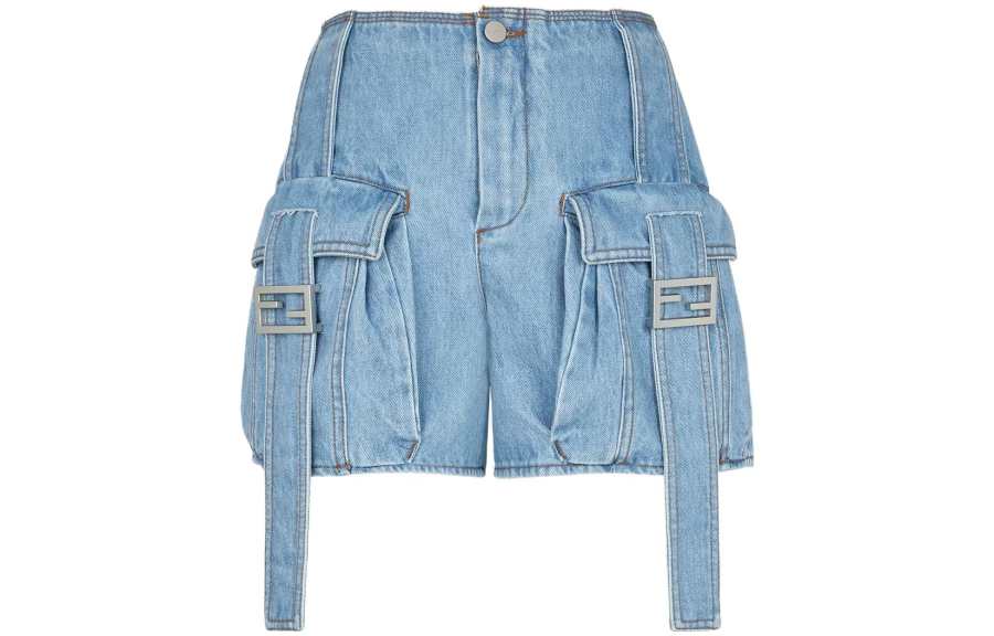 FENDI Ff Baguette Buckled Denim Shorts