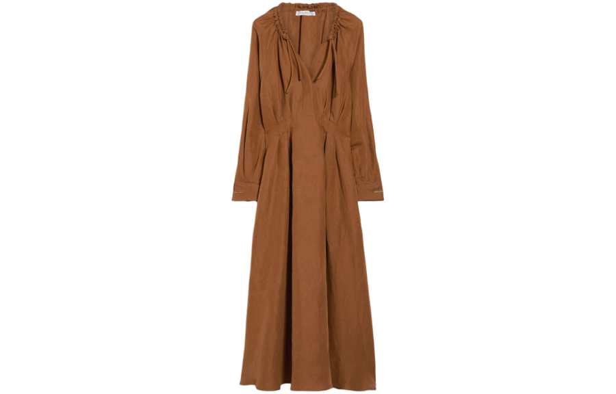 MaxMara Drina Collection Feminine Dress In Linen And Silk Long Sleeved Dress Women's Tobacco