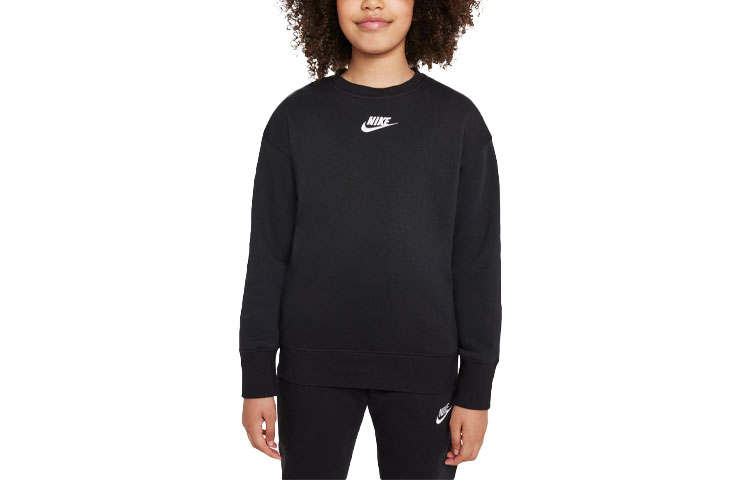 Nike Nike Logo Embroidery Solid Color Fleece Lined Crew Neck Sports Sweatshirt Black Kids'