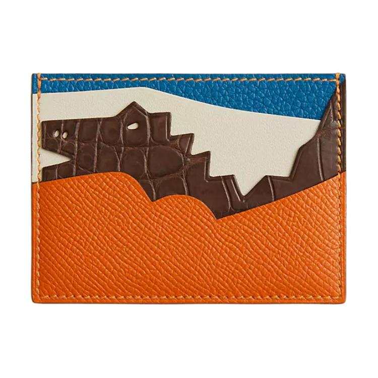 HERMES Leather Card Holder Women's Orange & Brown