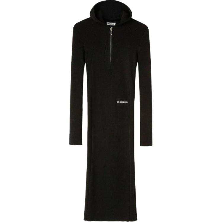 JIL SANDER + Long Sleeved Ribbed Knitted Hooded Midi Dress