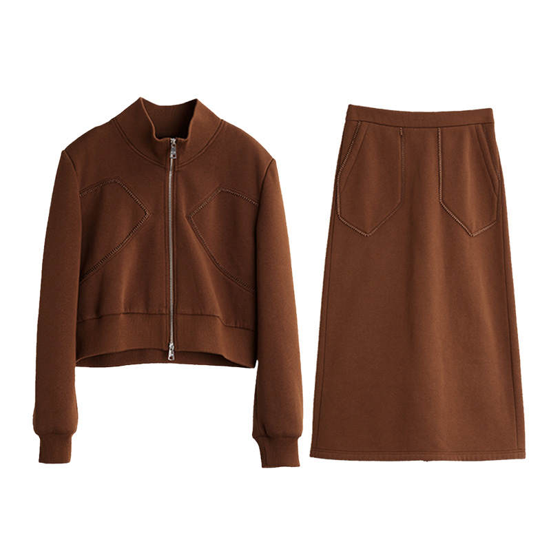 ELLE Two Piece Skirt Sets Women's Brown Stand Collar Moderate