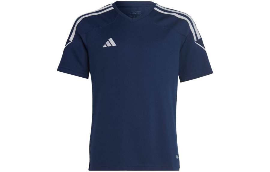 Adidas Adidas Logo Print Stripes V Neck Short Sleeved T Shirt Marine Blue Teenagers