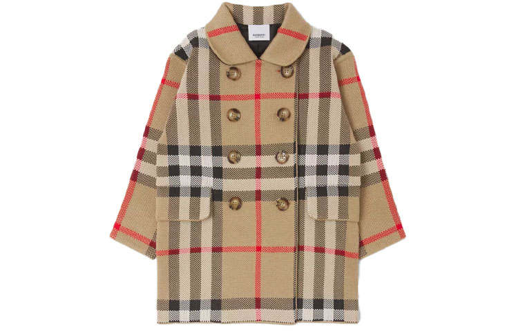 Burberry Tweed Buttoned Waist Cinching Lapel Wool Coat Cardigan Coat Beige Kids'