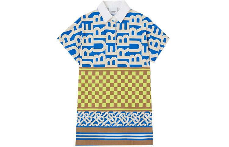 Burberry SS22 Monochrome Multicolor Plaid Letter Stripes Print Cotton Short Sleeved Dress Blue Kids'