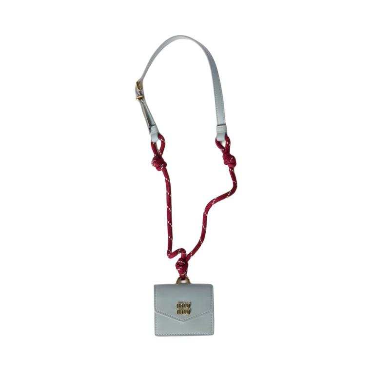 MIU MIU Leather Earphone Case Women's Light Blue & Burgundy