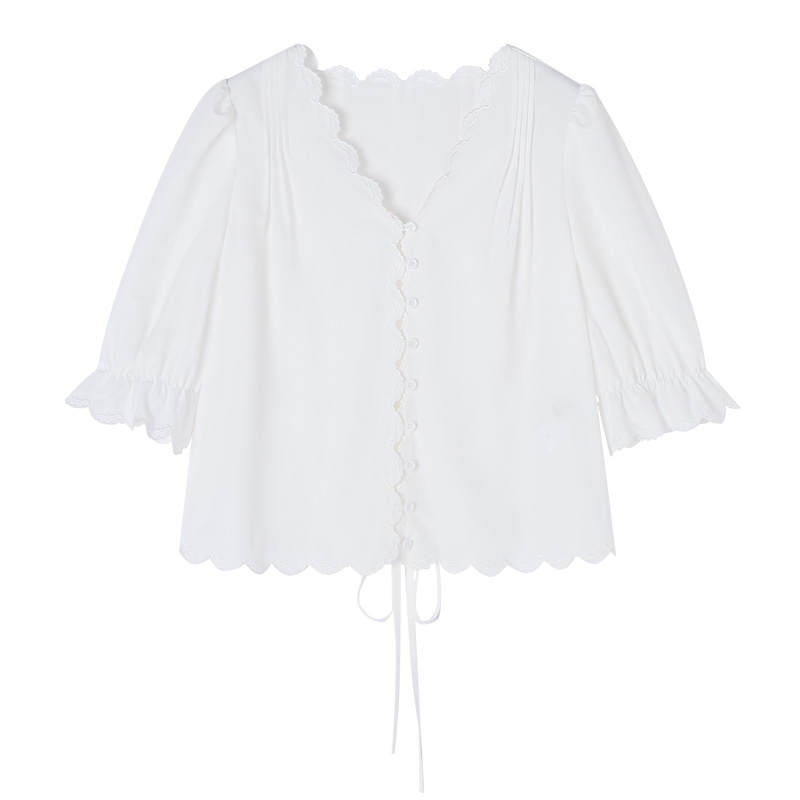 XIANGYING Shirts Women's White V Neck Moderate Shirt
