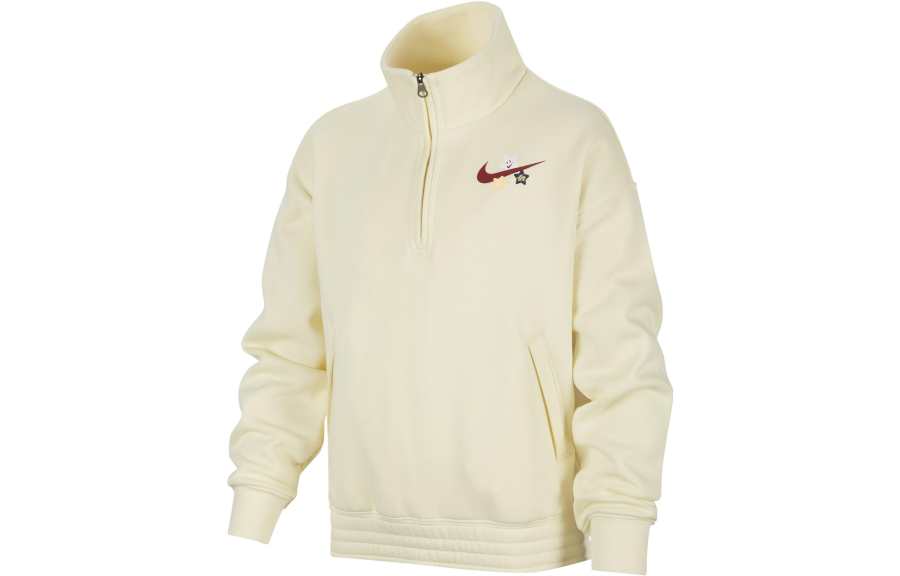 Nike Nike Sweatshirt Kids' Apparel Logo Print Stand Collar Half Zip Casual Loose Fit Fleece Lined Coconut Milk Kids'