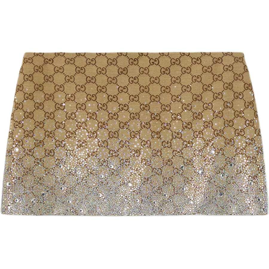 GUCCI Crystals Embroidered Gg Canvas Mini Skirt Camel/Brown