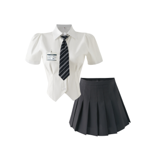 KAZAN Uniforms Women's Set White Shirt + Black Pleated Skirt + Black Twill Tie + Nameplate Pointed Collar Moderate Short