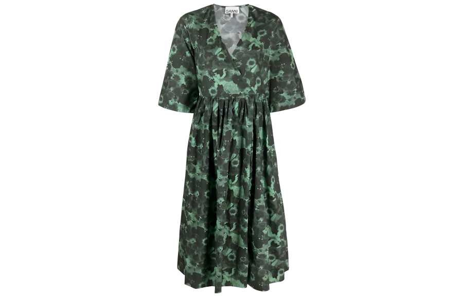 GANNI Floral Printed V Neck Midi Dress