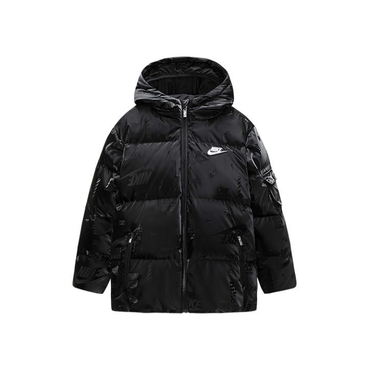 Nike Nike Down Jacket Thickened And Fleece Lined Thermal Fashion Hooded Stylish Long Sleeved Jet Black