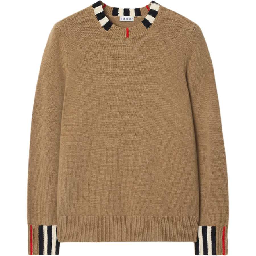 Burberry Icon Stripe Trim Cashmere Knit Sweatshirt Archive Beige