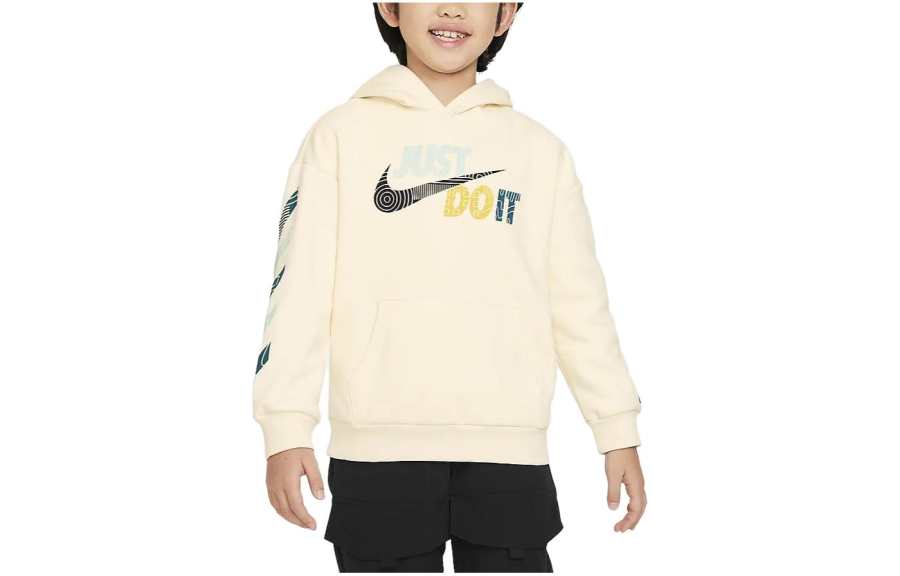Nike Nike Sweatshirt Letter Logo Hooded Loose Fit Casual Fleece Lined Coconut Milk Kids'