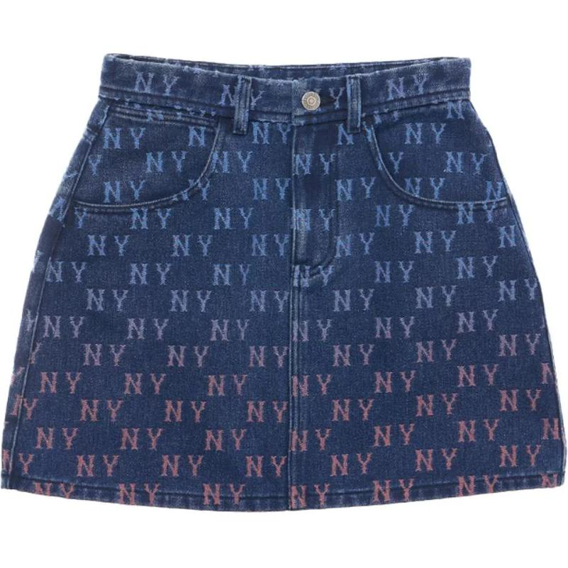 MLB New York Yankees Denim Gradation Jacquard Monogram New York Yankees Denim Short Skirts Women's Blue