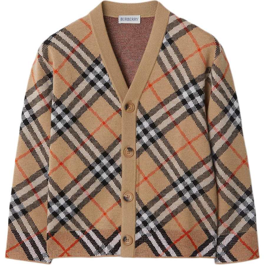 Burberry FW24 Striped V Neck Single Breasted Long Sleeved Sweater Sand Kids'