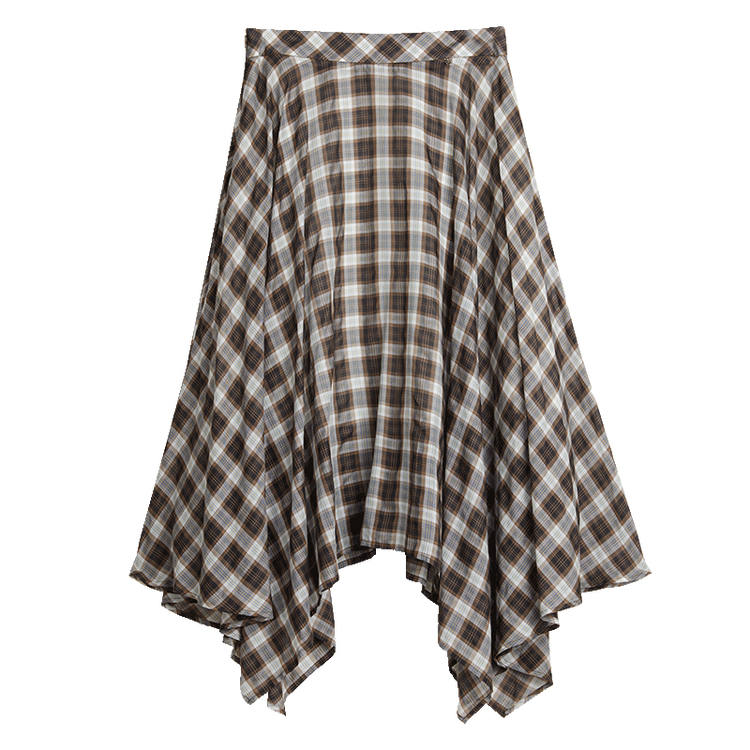 ELLE Casual Long Skirt Women's Coffee Plaid