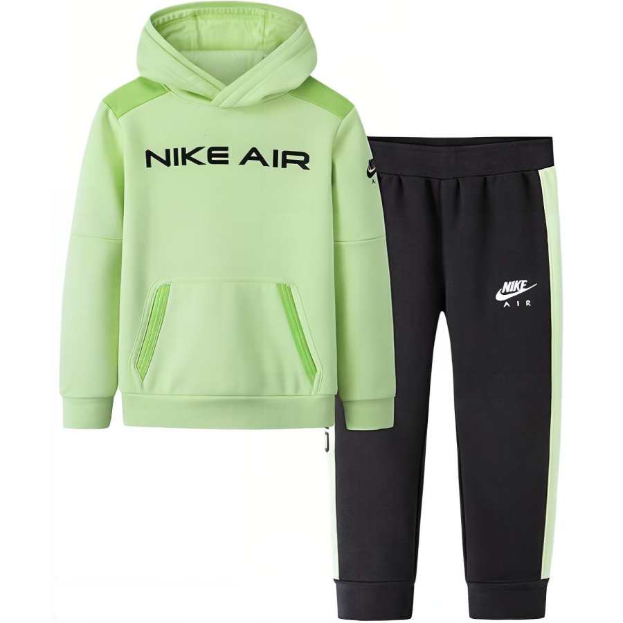 Nike Nike Letter Print Fleece Lined Thermal Hooded Top Patchwork Pants Casual Sportswear Green Kids'