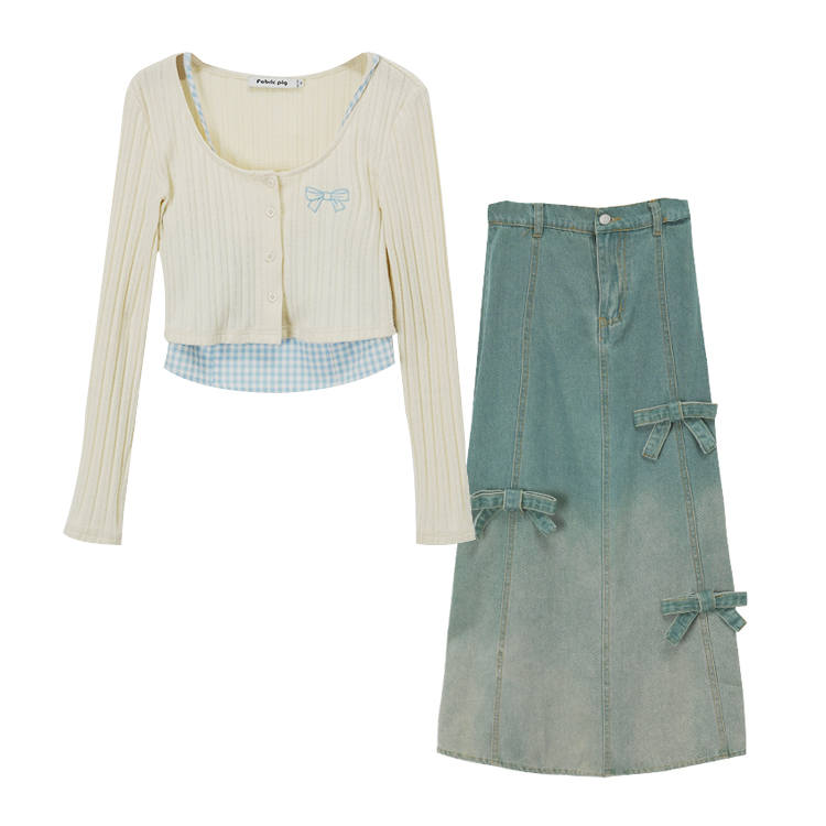 Fabric Pig Skirt Set Women's Apricot Dark Blue