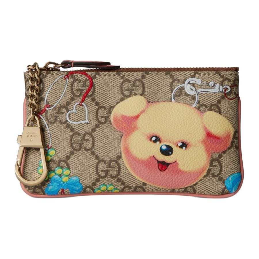 GUCCI GG Monogram Coated Fabric Key Pouch Unisex Beige & Dark Brown
