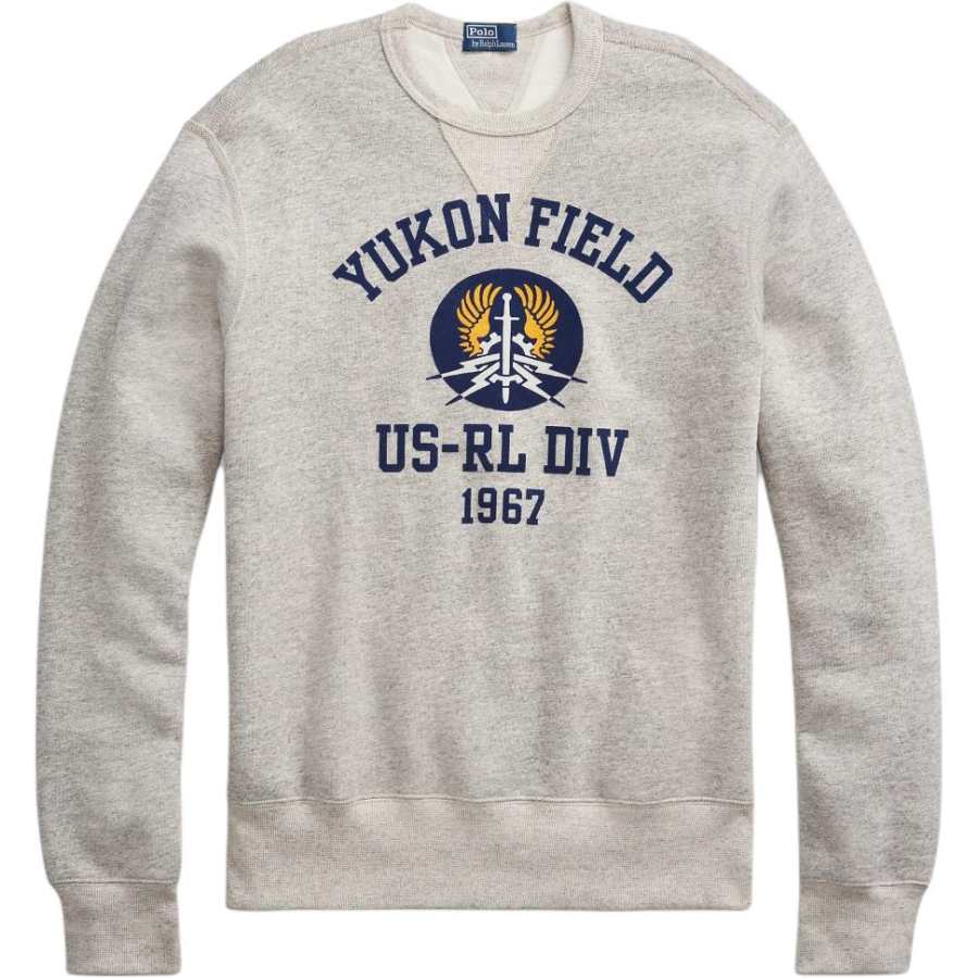 Polo Ralph Lauren SS24 Crew Neck Printed Pattern Fleece Lined Sweatshirt Men's Gray