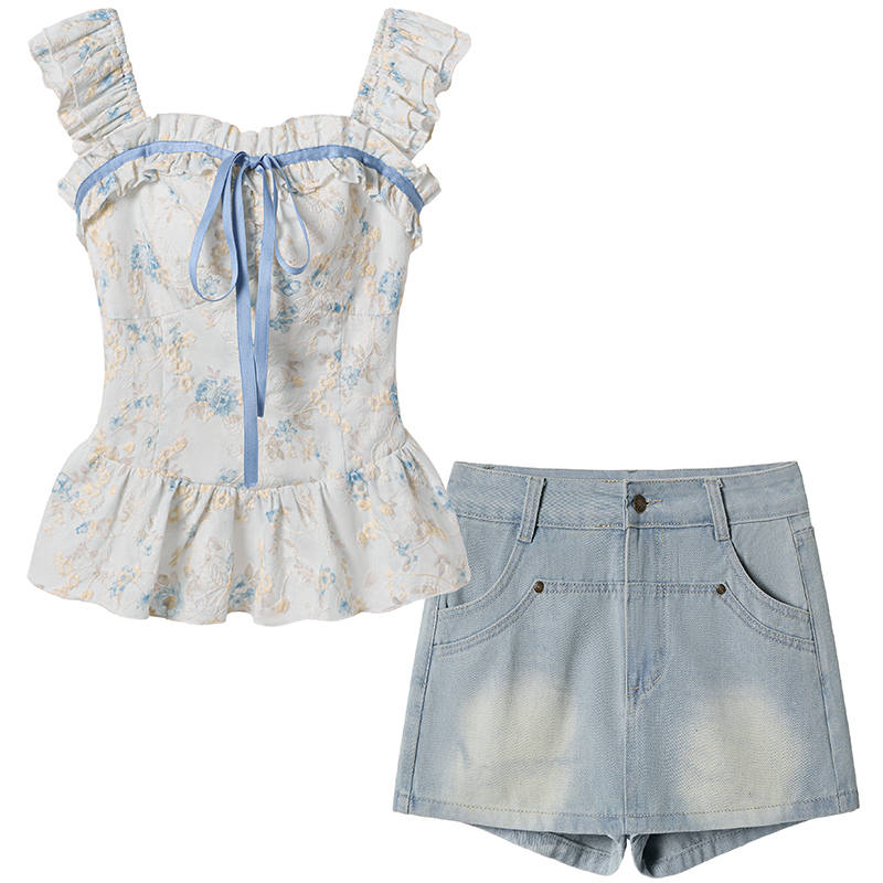 Fabric Pig Skirt Set Women's Light Blue Top+Skirt Set
