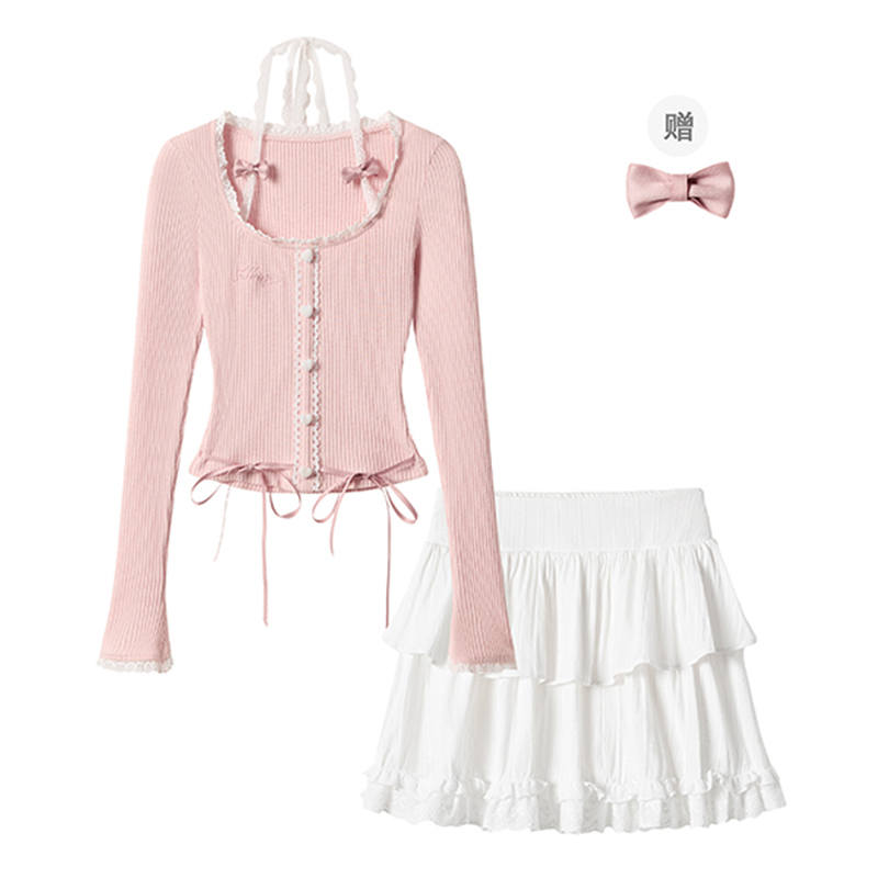 Fabric Pig Skirt Set Women's Pink Apricot