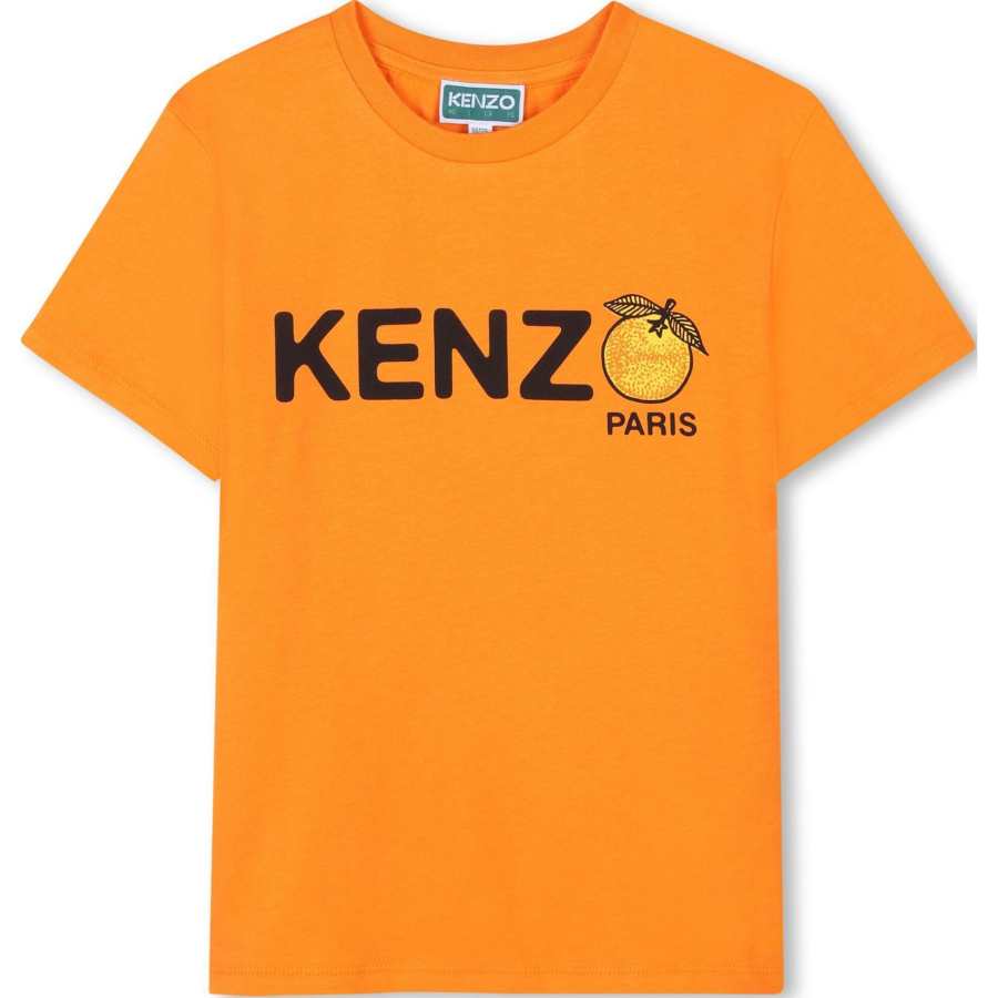 KENZO FW24 Solid Color Cotton Knitted Fabric Print Crew Neck Short Sleeved Shirt T Shirt Orange Kids'